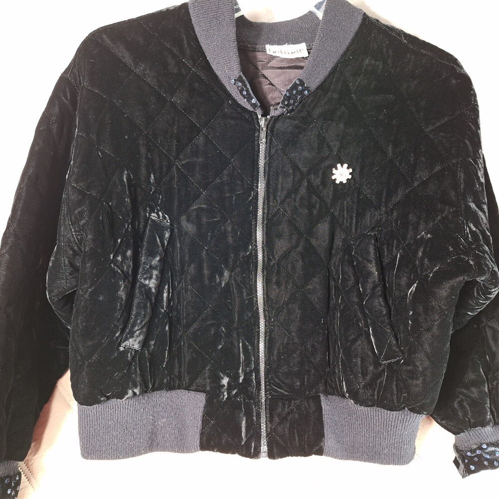 Velvet Quilted Bomber Jacket Womens Sz M Black Zip Ruffle Cuff Sequin BETMAR